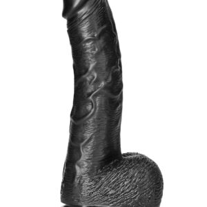 RealRock: Curved Realistic Dildo with Balls, 18 cm, svart