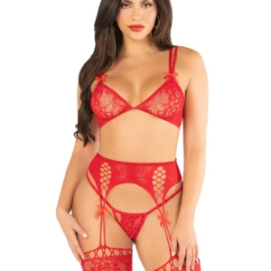 Bra Top, String & Garter Belt Stockings Red O/S Underklädesset