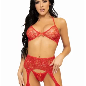 Lace Bra, String & Garter Belt Stockings Red O/S Underklädesset