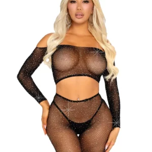 Rhinestone Fishnet Crop Top & Legging Black O/S Body & Playsuits