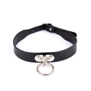 Svart BDSM halsband 43 cm med metallring för bondage och underkastelse