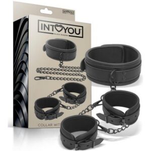 IntoYou bondage-set med justerbar halsband, handbojor och metallked i veganskt läder