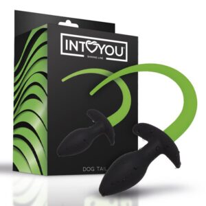 Dog Tail Buttplug i silikon med svans som lyser grönt med glow-in-the-dark-effekt