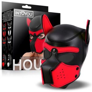 Pup Play hundmask Hound Dog Hood i svart och rött neopren