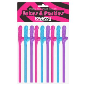 Paket med 9 st färgglada penisformade sugrör från Lovetoy Willy i plast