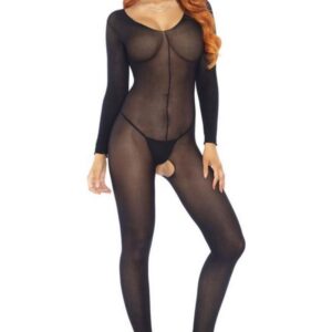 Svart nylon bodystocking med långa ärmar och öppen grep, klassisk halsringning