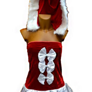 Axelbandslös kort klänning Mrs Santa SM med medföljade tomteluva och stringtrosor