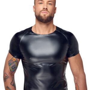 Svart powerwetlook-skjorta med glittrande axelpartier och korta ärmar