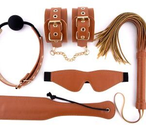 Veganskt BDSM-set Cognac med handbojor, bollgag, ögonmask, paddel och flogger