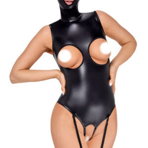 Svart wetlook body med integrerad mask och öppen design med exponerade kupor