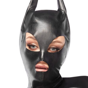 Svartglimmande head mask i mjukt konstläder med dramatisk cat-stil
