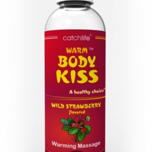 Flaska med Warm Wild Strawberry massageolja och hudvårdande alger från havet