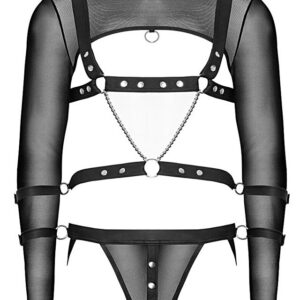 Mattsvart bondage set L för män med crop top, chest harness och jock-kalsong i powernet