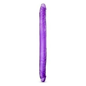 Lila dubbeländad dildo av silikon, 40 cm lång, med realistisk ollonform i båda ändar