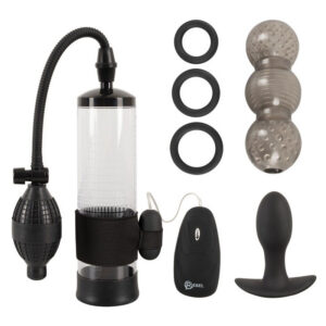 Man 7-dels vibrerande set i svart med pump, ringar, ägg och stroker