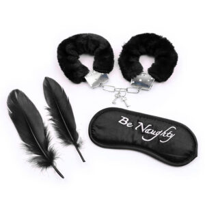 Be Naughty Set – ögonbindel, metallhandfängsel och fjädrar för kittling