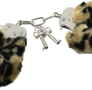 Love cuffs handbojor i metall med leopardmönstrad teddy-överlagring