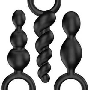 Tre analpluggar ur Satisfyer Plugs Set med spiralform, två- och tre-kulor design