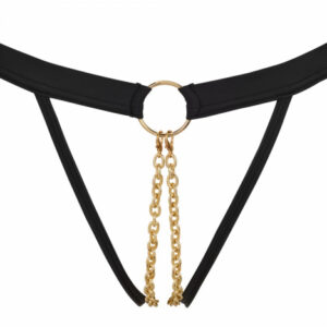 Kedjestring L-XL i läderliknande material med två guldkedjor för stimulering