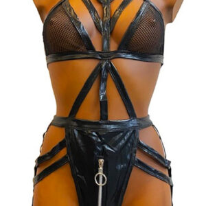 Strap Garter M-L Body i glansigt wet look material med nät och remmar