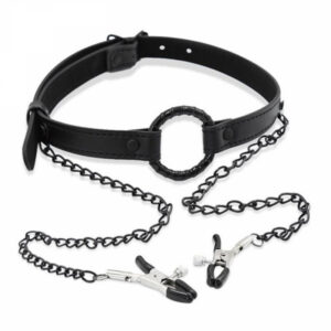 O Ring and Clamps ring gag med justerbar kedja och bröstvårtsklämmar för BDSM-lek