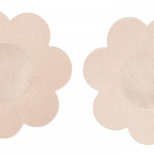 Blomformade nipple covers i sex par med hudvänlig silikon på beige bakgrund