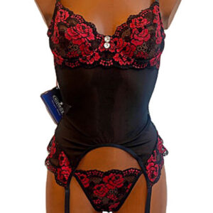 Spetskorsett Corset Rose M-L i svart och rött med broderade rosor