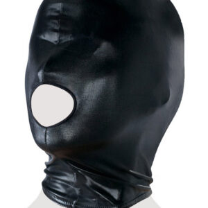 Naughty Head Mask — svart åtsittande wet-look huva med munöppning