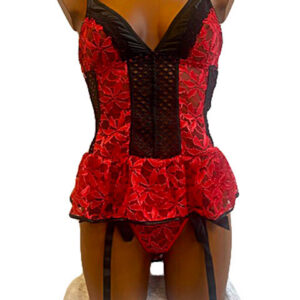 Red Rose spetskorset L-XL med blommönster och matchande trosor