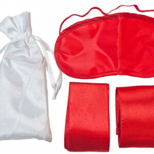 Svart Pleasure Kit bondageset med ögonbindel och satinband