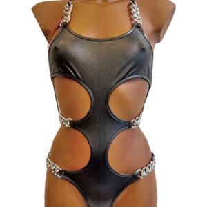 Glansig Madonna Bodysuit S/M med guldiga kedjor och snörad design