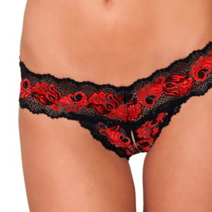 Crotchless V-thong med blommig spetskant i genomskinligt stretchmaterial