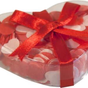 Badkonfetti i hjärtform med väldoft, vita och rosa färger, i en ask