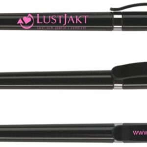 Svart LUSTJAKT kulspetspenna med rosa text och blått bläck