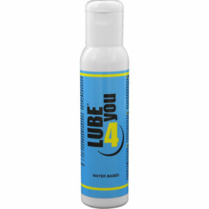 Flaska med vattenbaserat glidmedel Lube 4 you på vit bakgrund