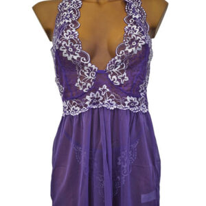 Negligé babydoll Purple S-M med elastisk spets, vit blomdekor och matchande stringtrosor