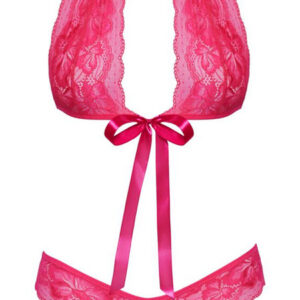 Spetsunderklädesset Pink S-M med sidenrosetter på BH och trosor