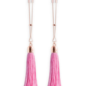 Nipple Tassel bröstvårtsklämmor i roséguldig metall med rosa tofsar, justerbar design
