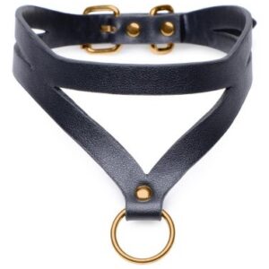 Svart bondage halsband Baddie med gulddetaljer och O-ring