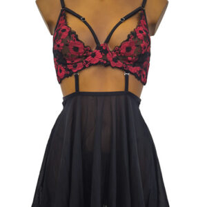 Rose Babydoll XL i tunnt material med elegant blombroderi och bygel-BH