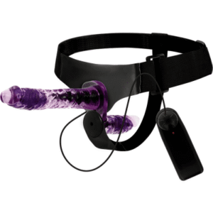 Dubbel strap-on harness med vibrationer, två dildos och justerbara remmar