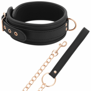Coquette Fantasy halsband i imiterat läder med guldfärgade detaljer och koppel
