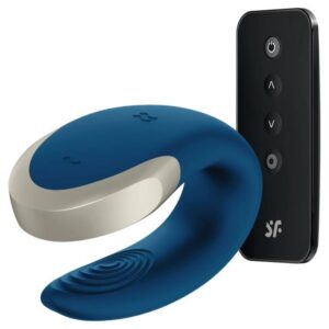 Blå Double Love parvibrator med klassisk U-form och två vibrationsmotorer