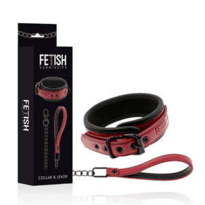 Neoprens bondage-halsband med metallkedja och justerbara ringar i veganskt läder