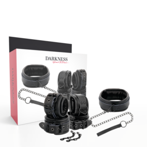 Svarta läderhandfängsel med matchande halsband från Darkness bondage-setat