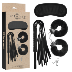 Bondage-startkit med vadderade handbojor, ögonbindel och flogger från Intense Fetish Playset 1