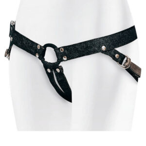 Lastic strap-on harness i svart bomullsdenim med justerbar design