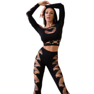 Tvådelat set CR 4436 med sömlös svart topp och elastiska leggings