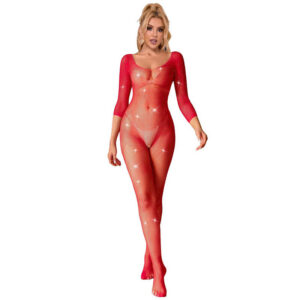 Röd fishnet bodystocking med diamantmönster i transparent nätkonstruktion, långärmad design från Subblime