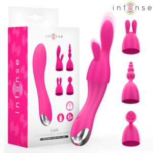 Intense Cher vibrator med 4 utbytbara huvuden på neutral bakgrund